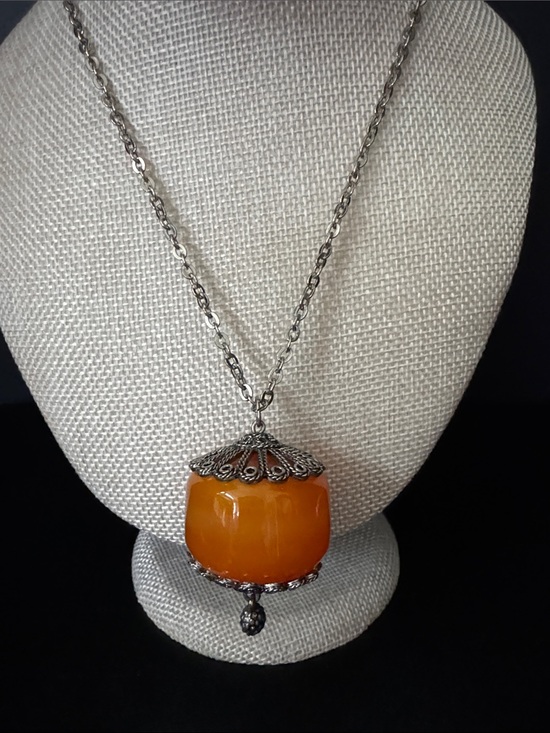 Unkown Jewelry - VTG Moroccan Statement Necklace Faux Chunky Butterscotch Copal Resin Silvertone